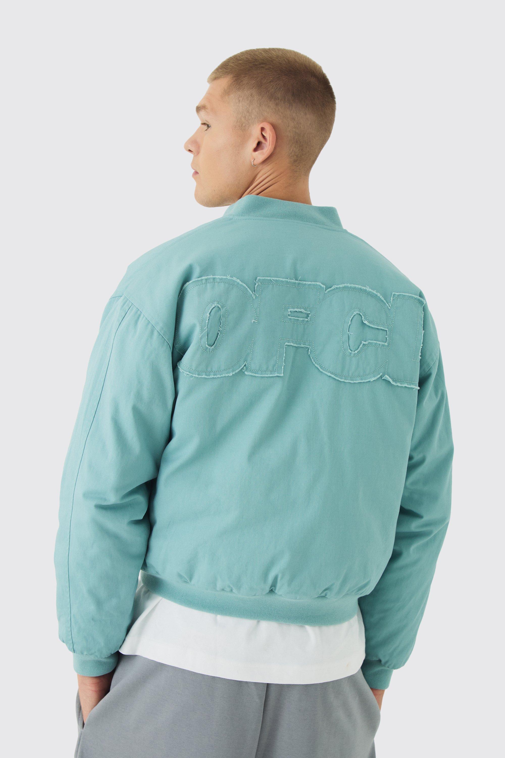 Mens Boxy OFCL Applique Twill Padded Bomber Jacket In Light Blue, Blue
